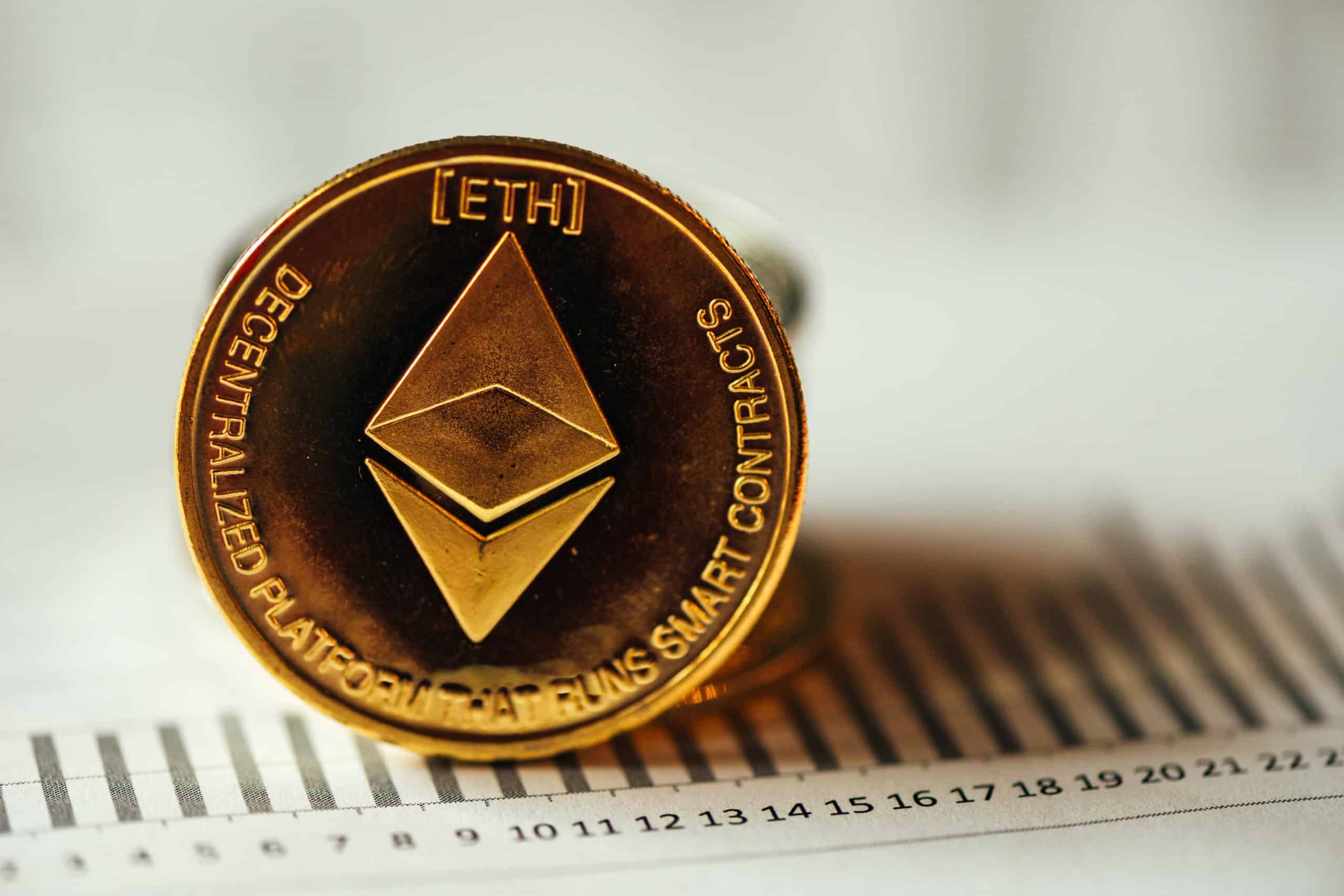 Ethereum cryptocurrency, blockchain technology decentralized currency coin, conceptual image with selective focus