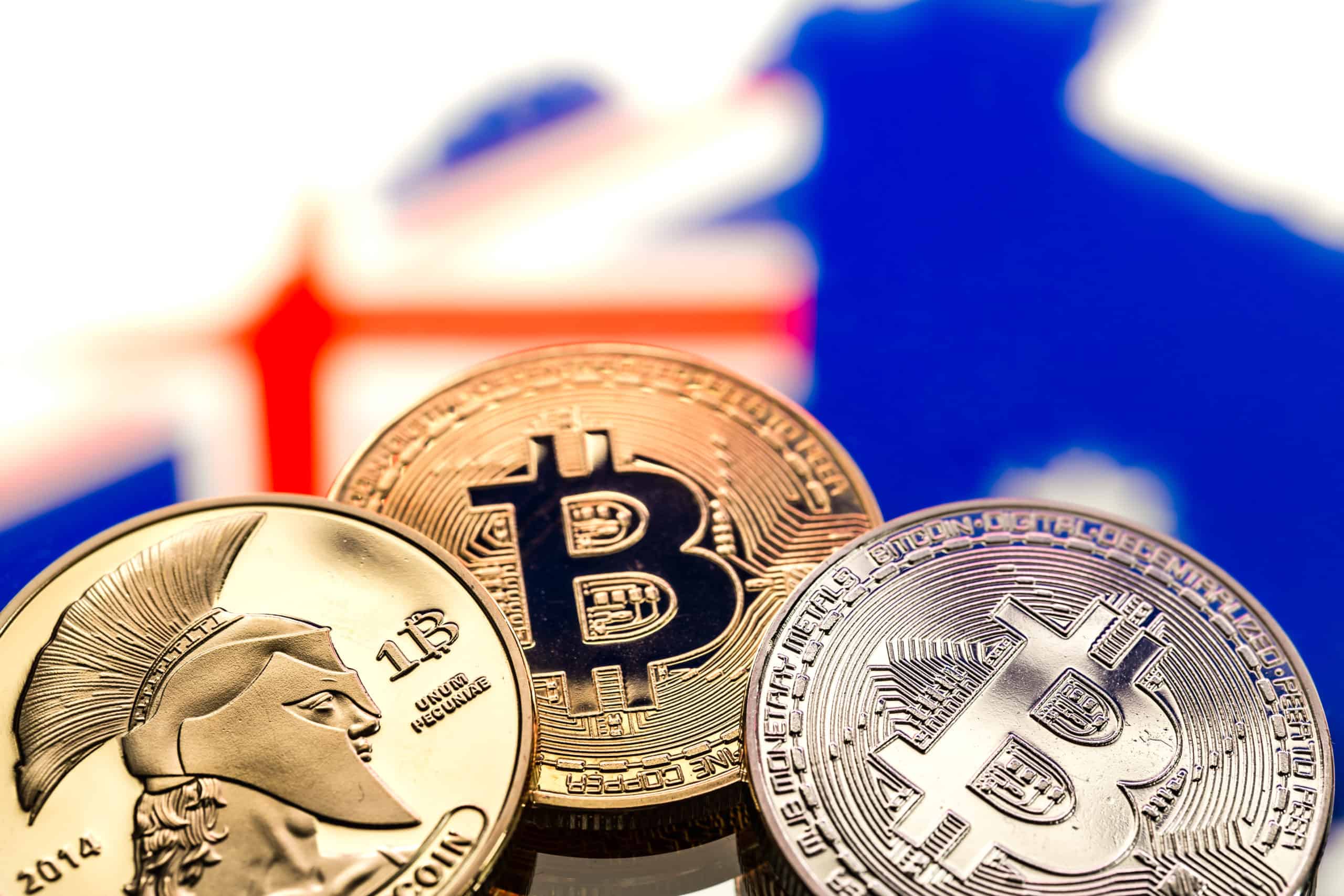 coins bitcoin against the background of australia DW2UYMM scaled