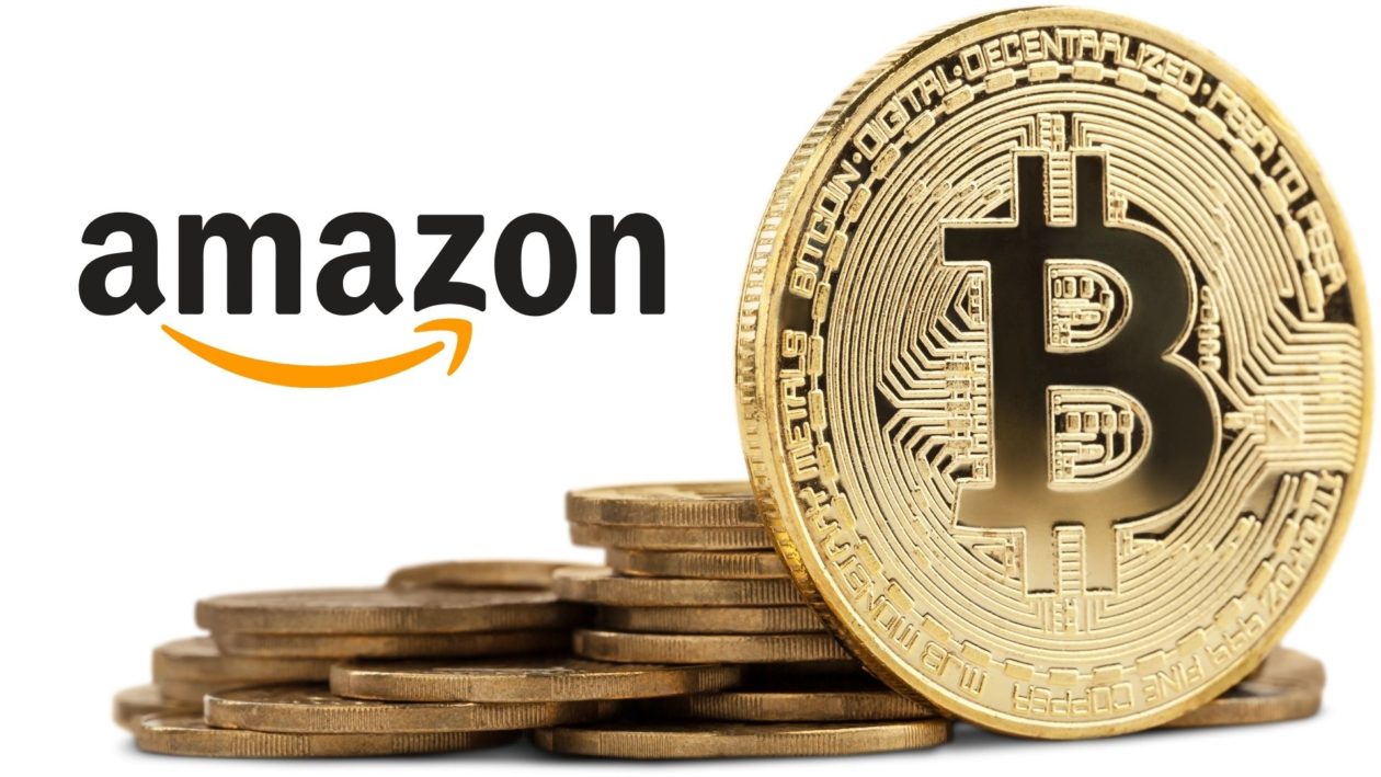 Amazon logo and Bitcoin cryptocurrency