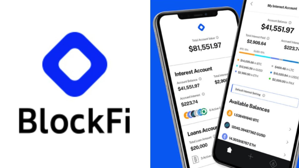 Crypto lending platform BlockFi logo and mobile app