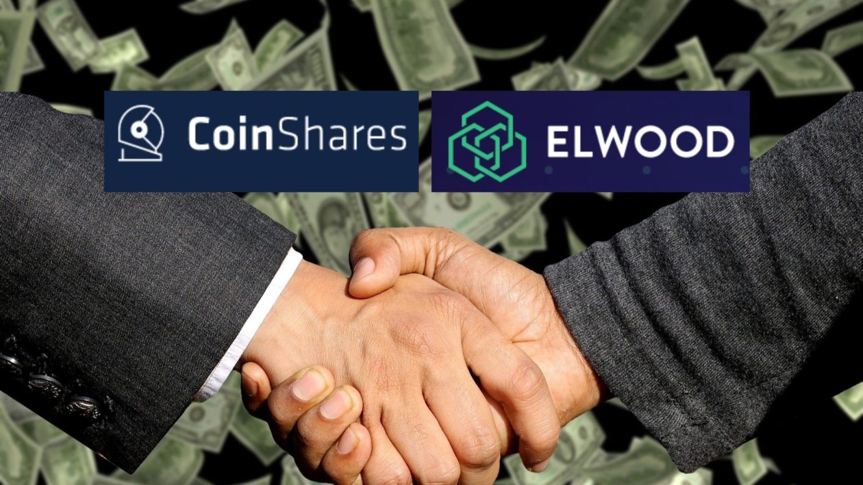 CoinShares Elwood logos and handshake