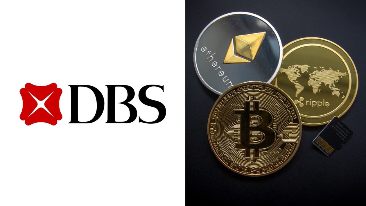 DBS Bank logo and Bitcoin, Ethereum and XRP cryptocurrencies