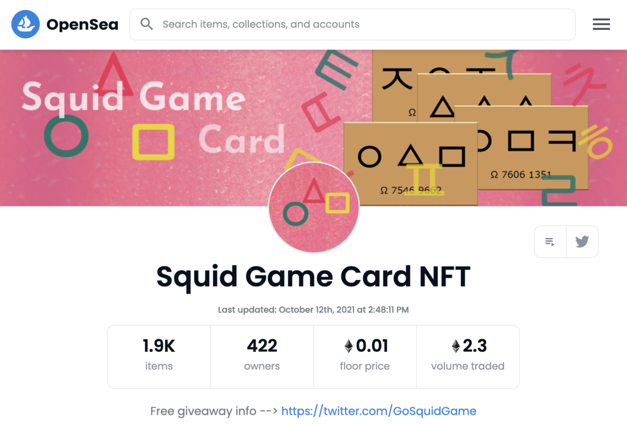 'Squid Game' card NFT page on OpenSea | Netflix show Squid Game NFTs being traded on OpenSea