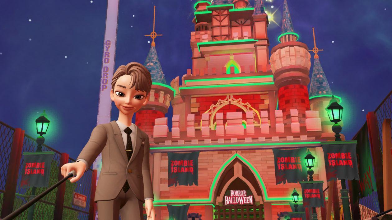 A Zepeto avatar takes a selfie in front of the Magic Castle in the Lotte World metaverse | South Korea's theme park Lotte World sets up replica on metaverse