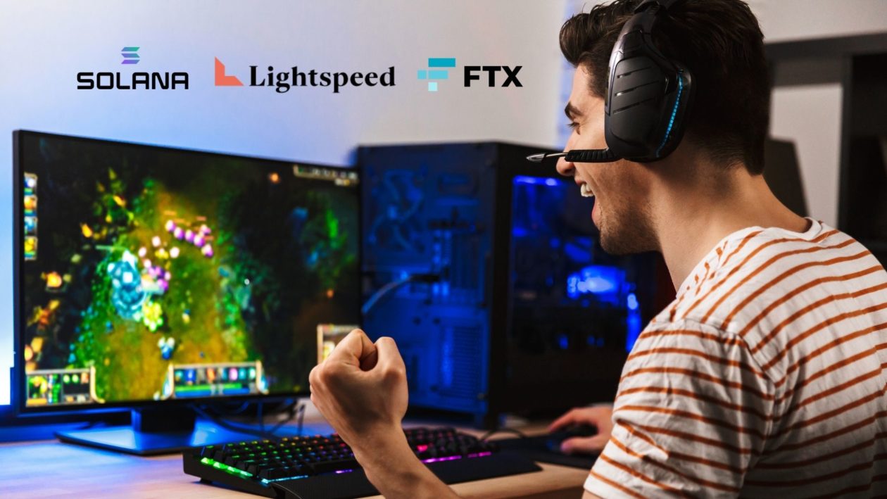 Solana Ventures, Lightspeed Venture Partners and FTX logos, man playing game on computer