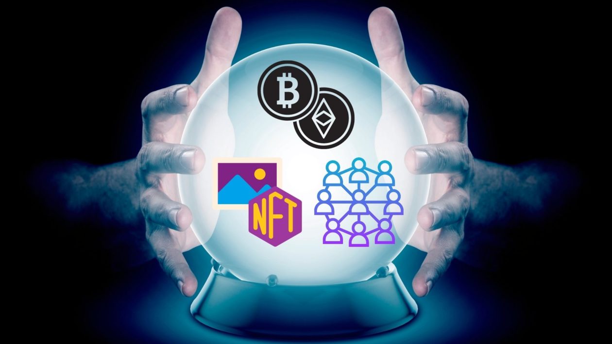Hands holding crystal ball with icons of Bitcoin, Ethereum, NFTs and community
