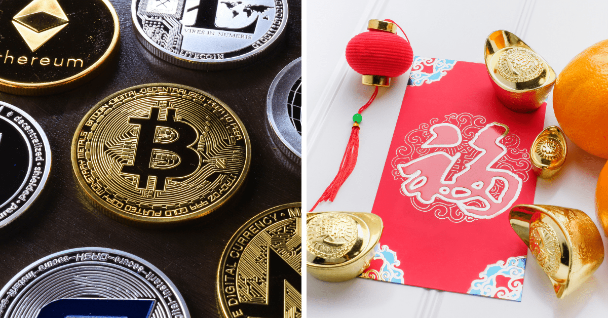 Left: physical models of cryptocurrencies Bitcoin, Monero, Ethereum and Litecoin laid out on flat surface. Right: Lunar New Year red packet.