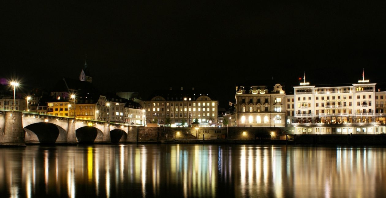 Panoramic view of Basel at night