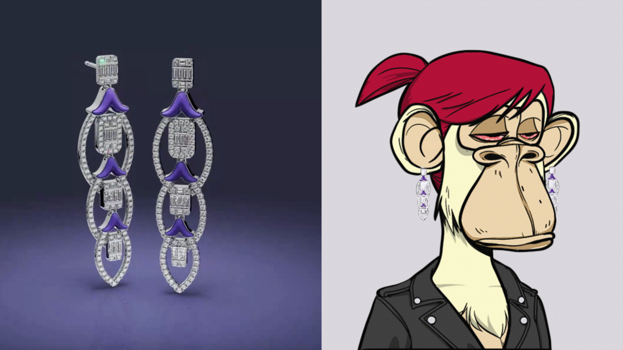 the diamond earring of limitless and a bored ape yacht club avatar wearing it, L’Dezen auctions physical and NFT earrings for owner and avatar