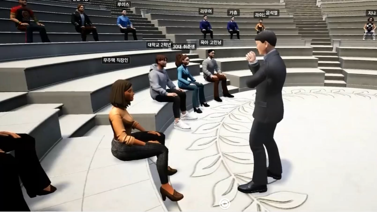 Presidential candidate Yoon Suk-yeol's avatar stands before a panel of younger voters on the metaverse | S.Korean presidential hopefuls campaign to avatars in the metaverse