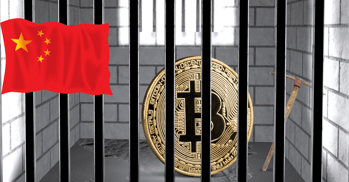 Bitcoin behind bars with Chinese flag in front