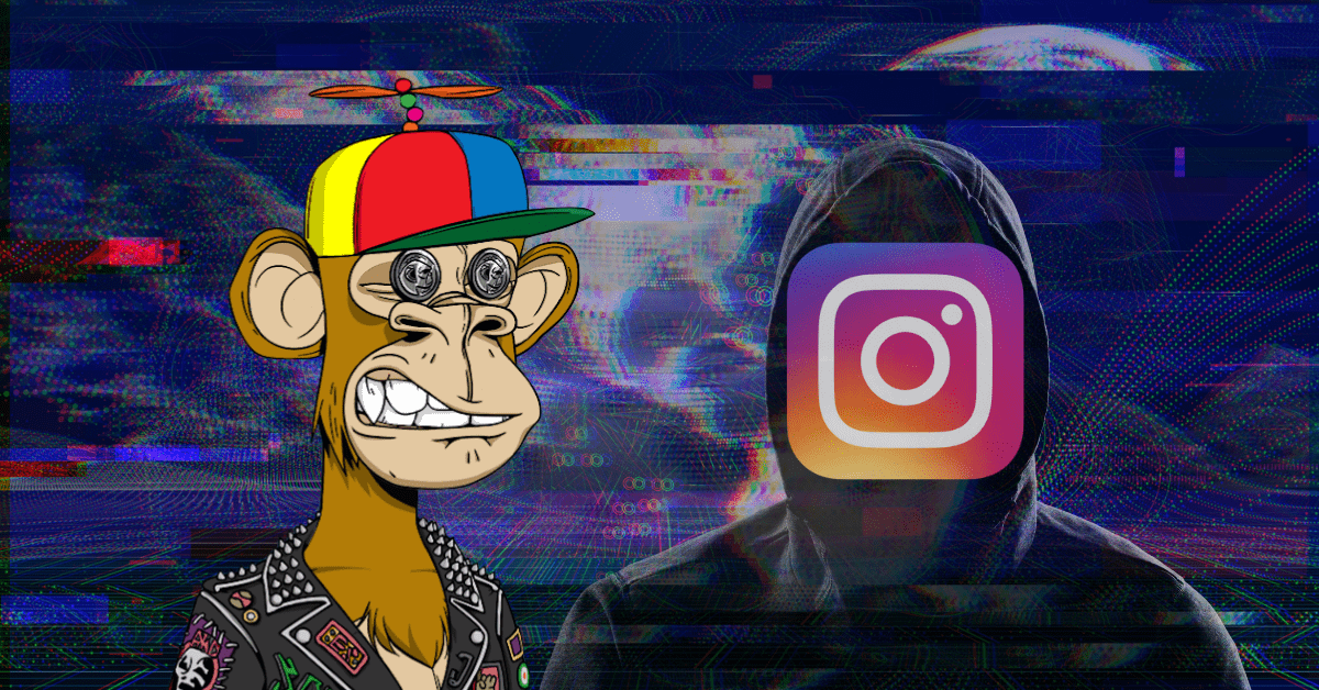 Bored Ape Yacht Club with mysterious hacker's face covered by Instagram logo