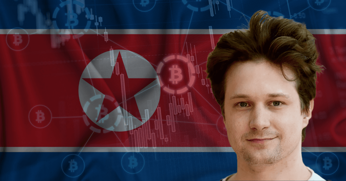 Former Ethereum Virgil Griffith in front of North Korean flag