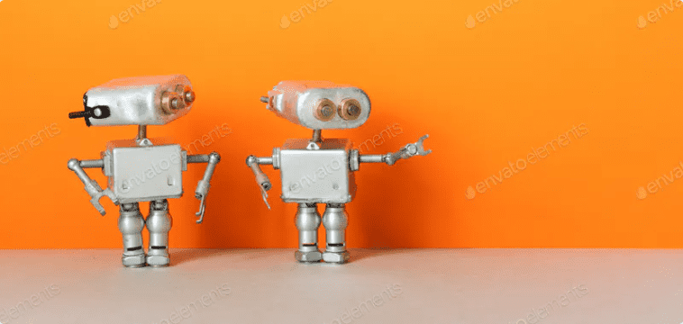 One metal silver robotic toy points direction to second robot