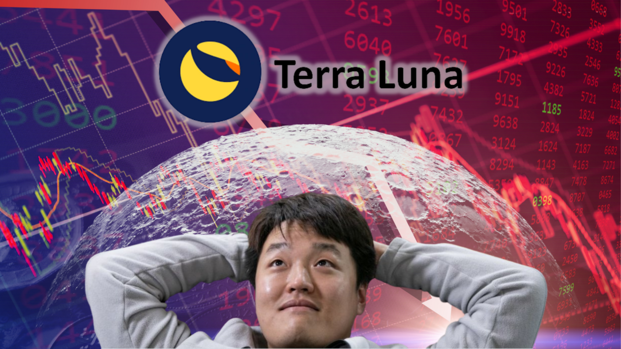 Terra founder Do Kwon in a relaxed position with Terra Luna logo layered in front of a red moon and crashing markets visuals