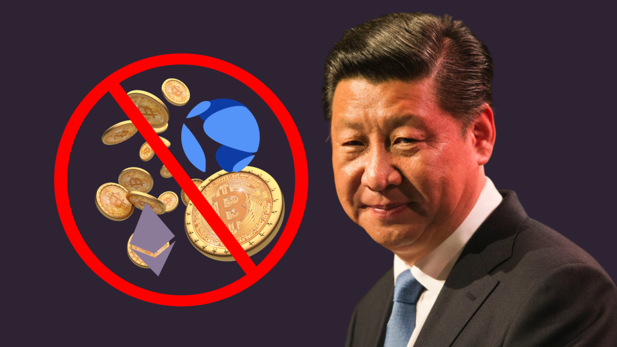 Chinese President Xi Jinping visualized beside an illustration of banned cryptocurrencies