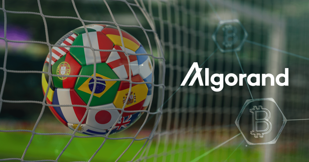 Soccer ball with national flags stretching goal net with Algorand logo on the side