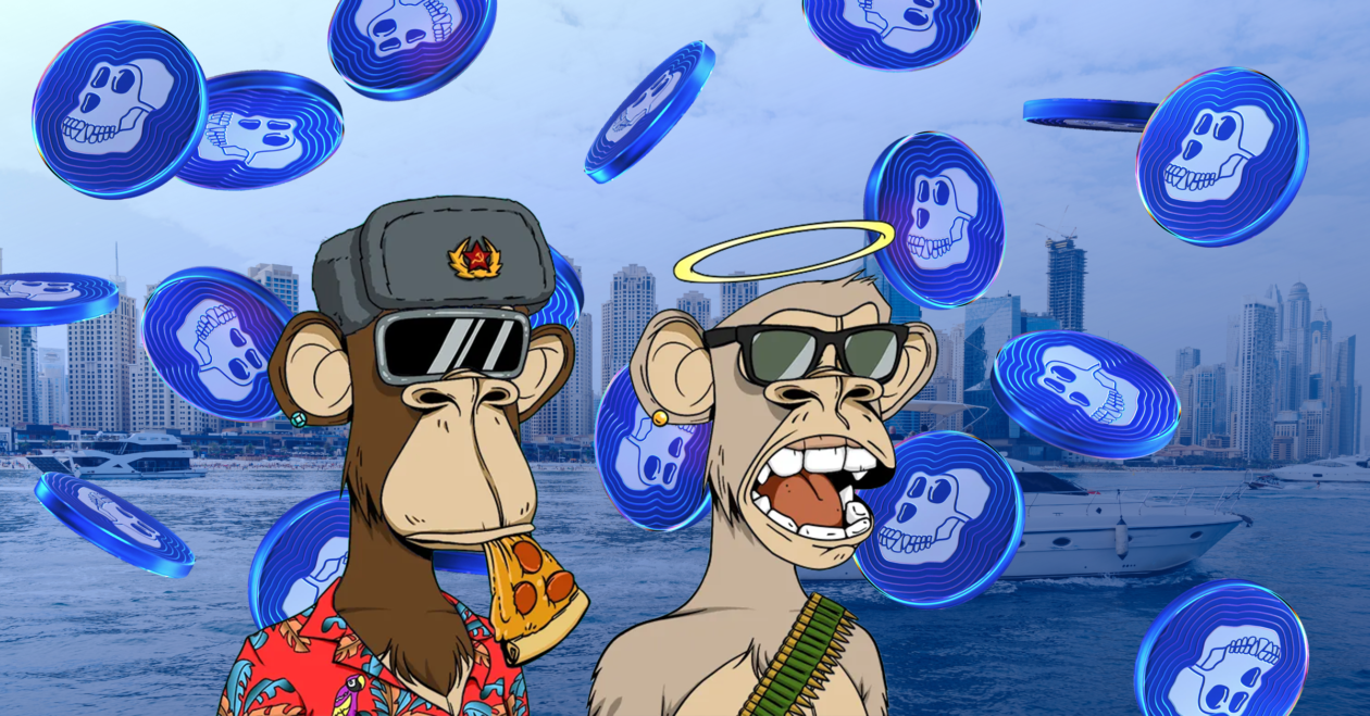 Two Bored Apes layerd in front of raining ApeCoins
