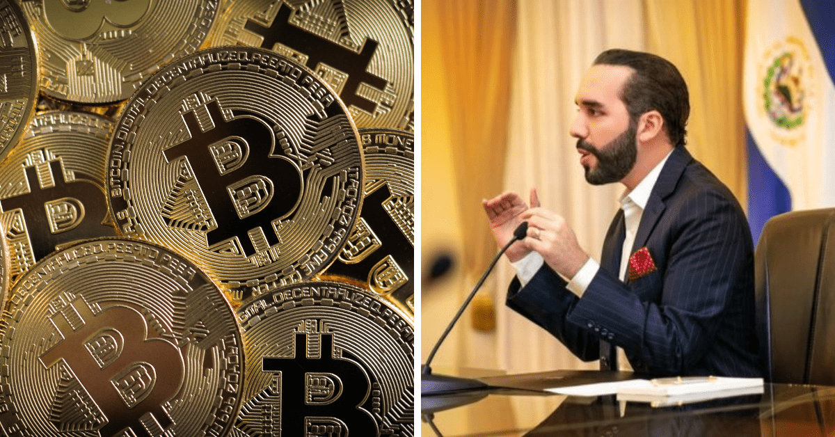 Golden Bitcoin tokens on the left and El Salvador president Nayib Bukele on the right
