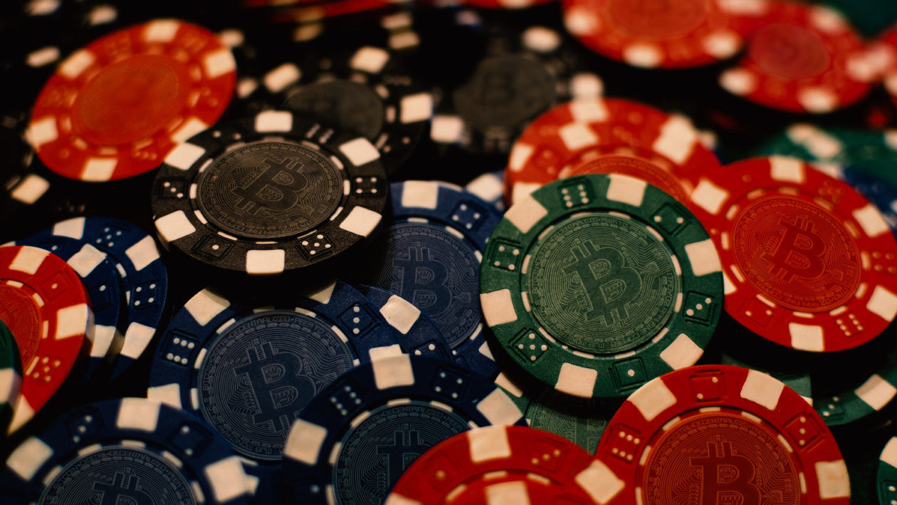 Colored poker chips with bitcoin