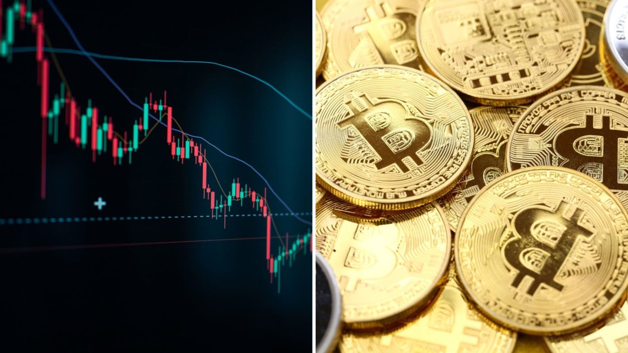 Technical chart on the left and golden Bitcoins on the right