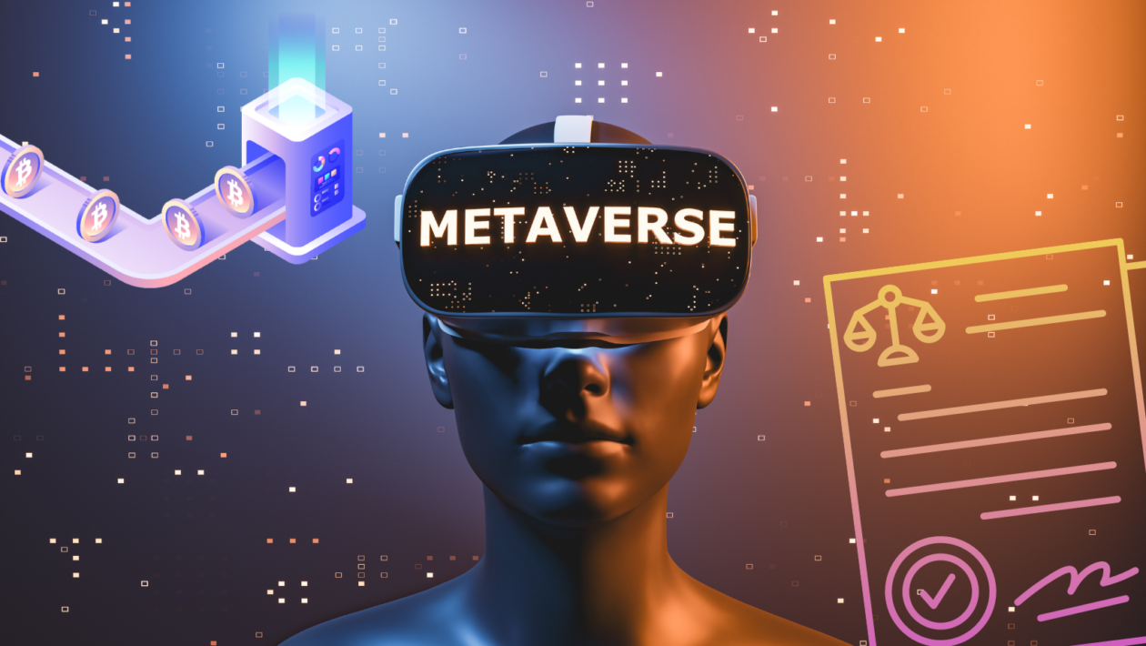 girl wearing virtual reality glasses with METAVERSE in it; document on law and justice and crypto mining illustration on sides