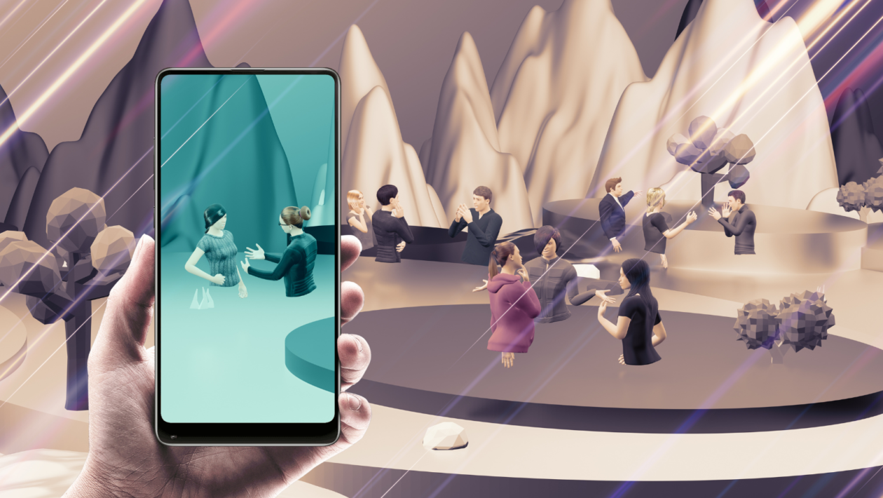 Avatars in Metaverse parties and online meetings via VR glasses and smartphones in the world of Metaverse; Sandbox 3D illustrations