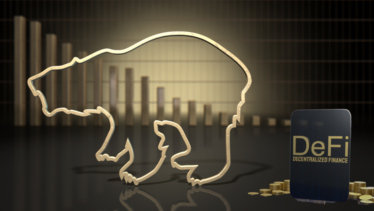 An abstract closeup of a gold outline depicting a stylized bear representing financial market trends on a bar graph background