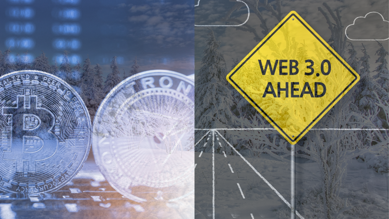 Silver crypto coins and Web3.0 ahead road sign with snowy winter background