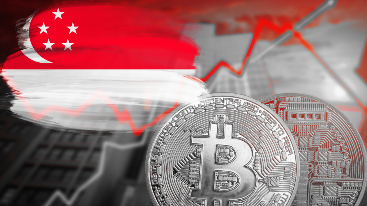 Silver Bitcoin currency and Singapore flag