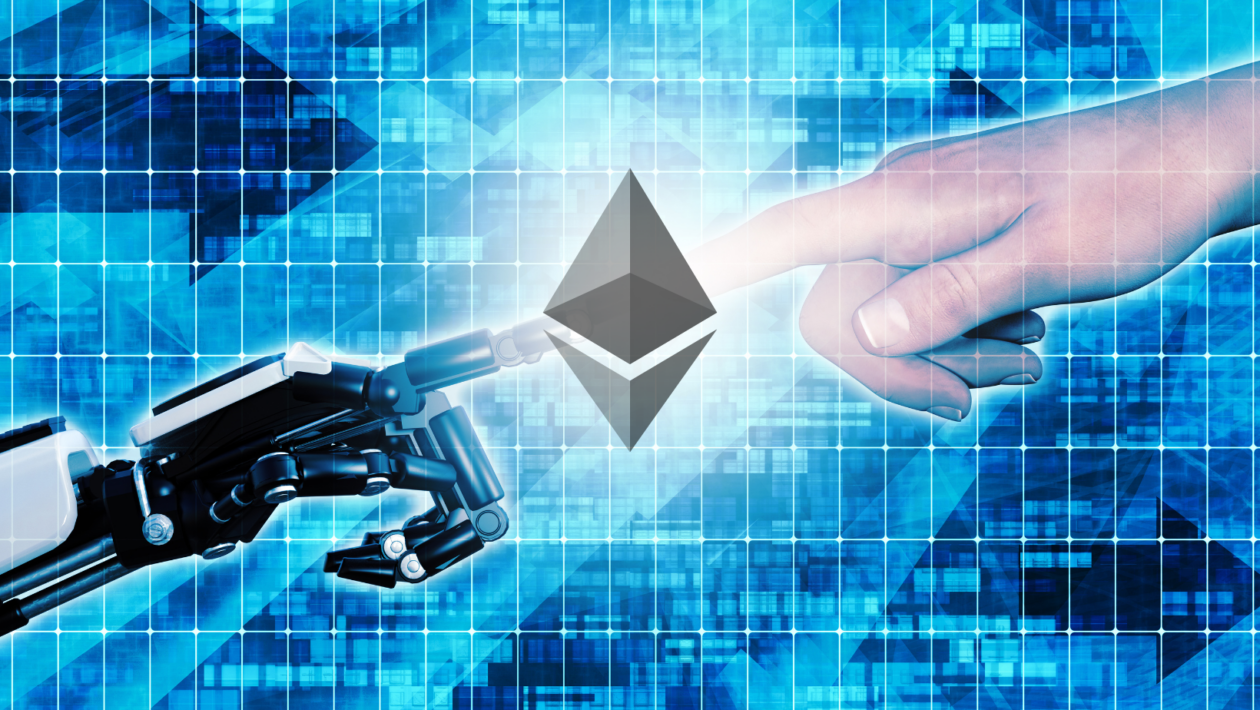 A robot and a man's index fingers pointing at each other with Ethereum logo in the middle
