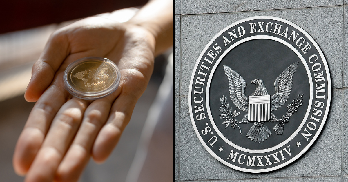 Young man holding XRP Ripple coin on palm of hand; U.S. SEC logo