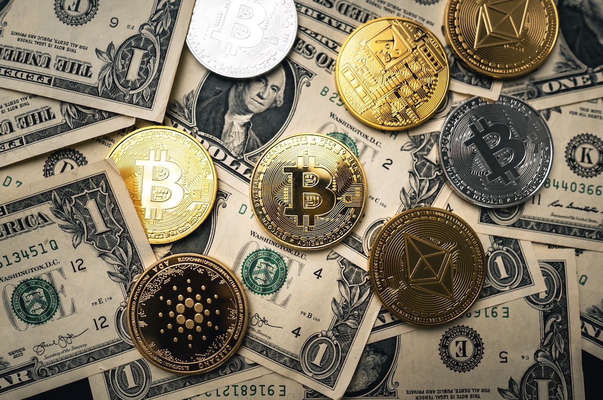 Crypto coins on gold background