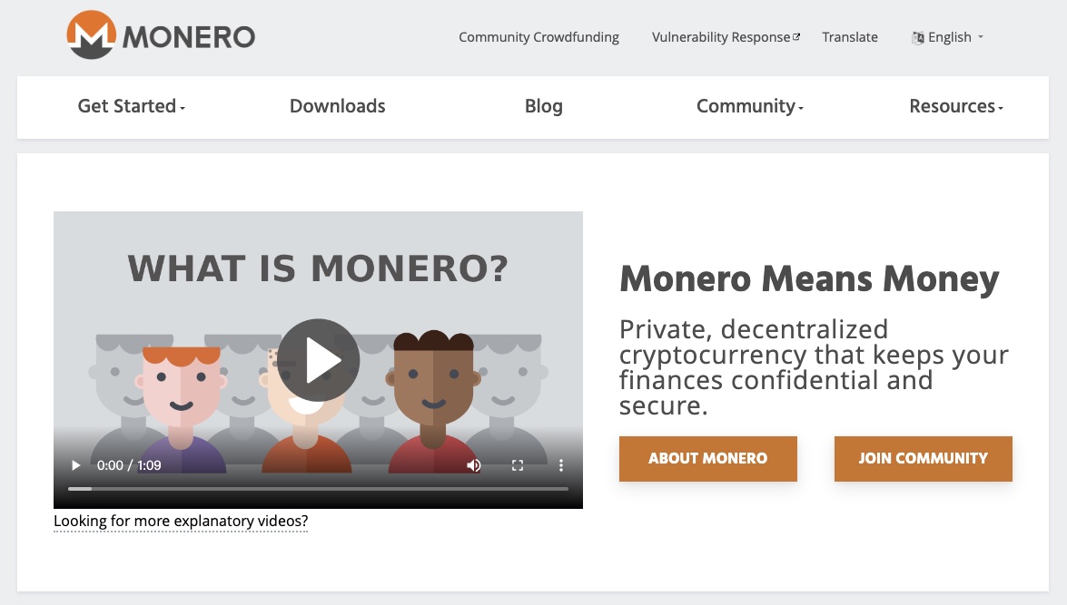 screenshot of Monero's website