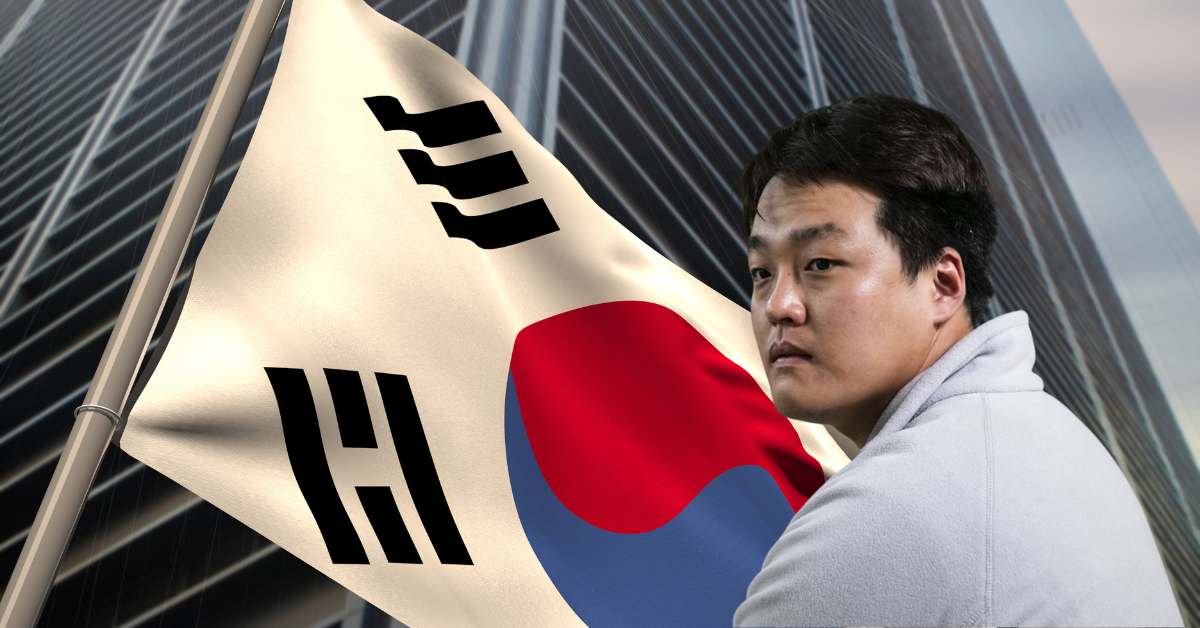 Image of Do Kwon layered in front of South Korean flag