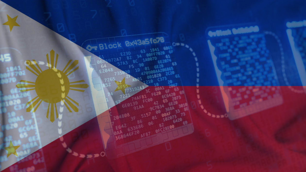 flag of Philippines with an abstract digital structure showing concept of blockchain technology