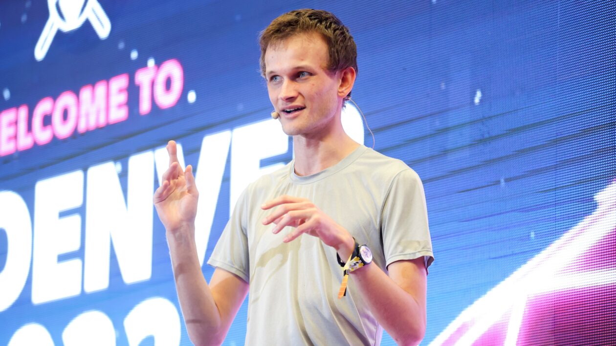 DENVER, CO - FEBRUARY 18: Ethereum co-founder Vitalik Buterin speaks at ETHDenver on February 18, 2022 in Denver, Colorado. ETHDenver is the largest and longest running Ethereum Blockchain event in the world with more than 15,000 cryptocurrency devotees attending the weeklong meetup. (Photo by Michael Ciaglo/Getty Images)