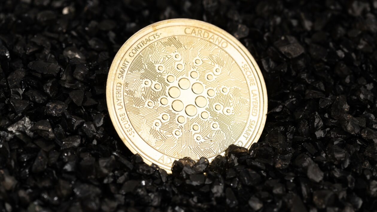 Cardano coin on black gravel background. Cryptocurrency blockchain money
