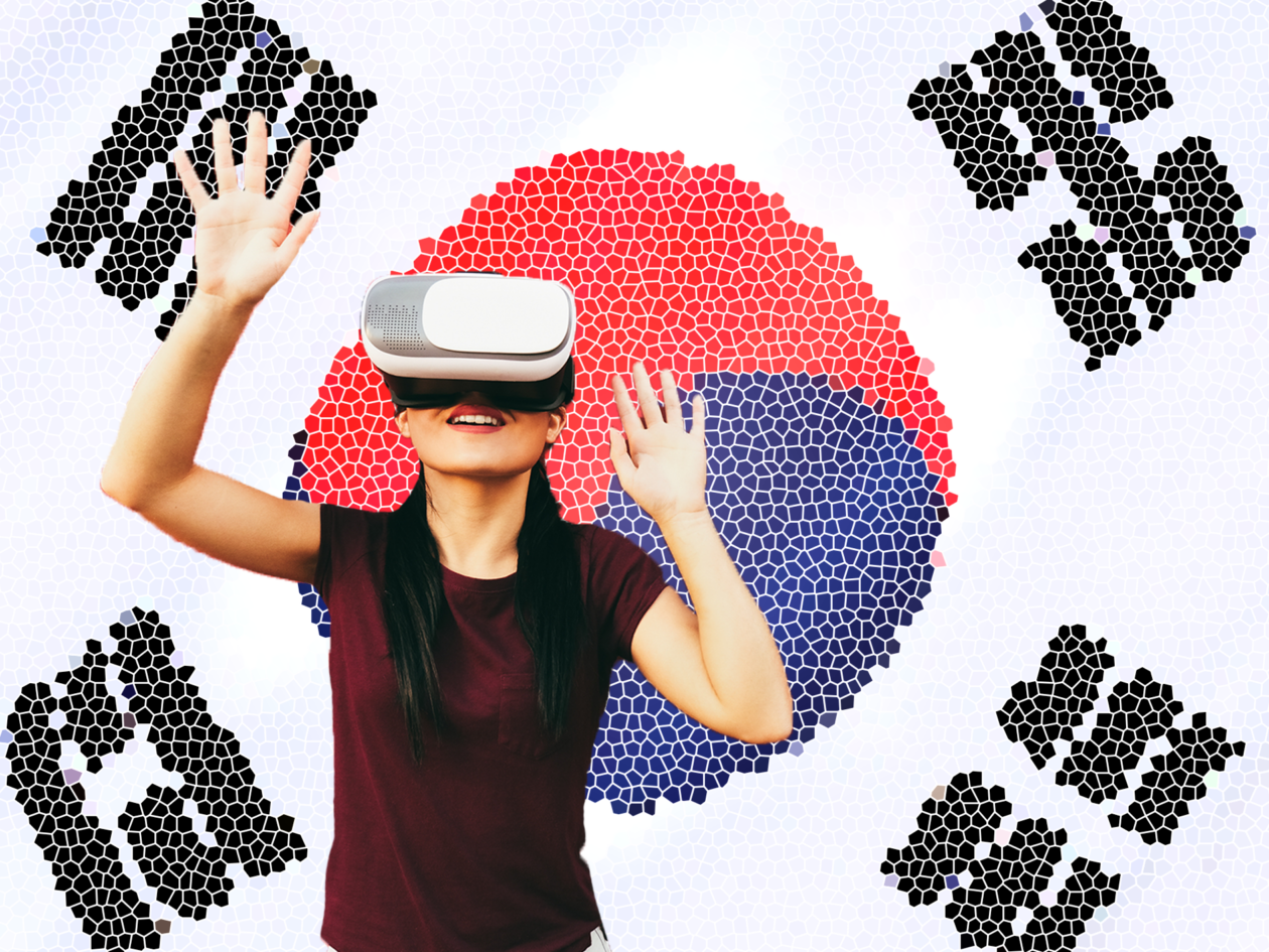 Woman with VR headset in front of a South Korea flag | South Korea will not rule the metaverse with game laws, science ministry says | south korea metaverse, south korea crypto news, metaverse regulation