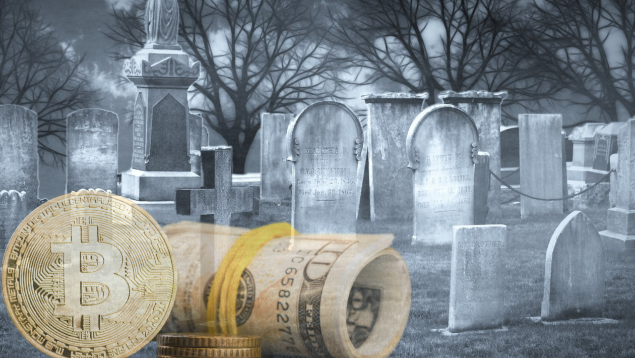 bitcoin and rolled dollar bills with black and white graveyard background