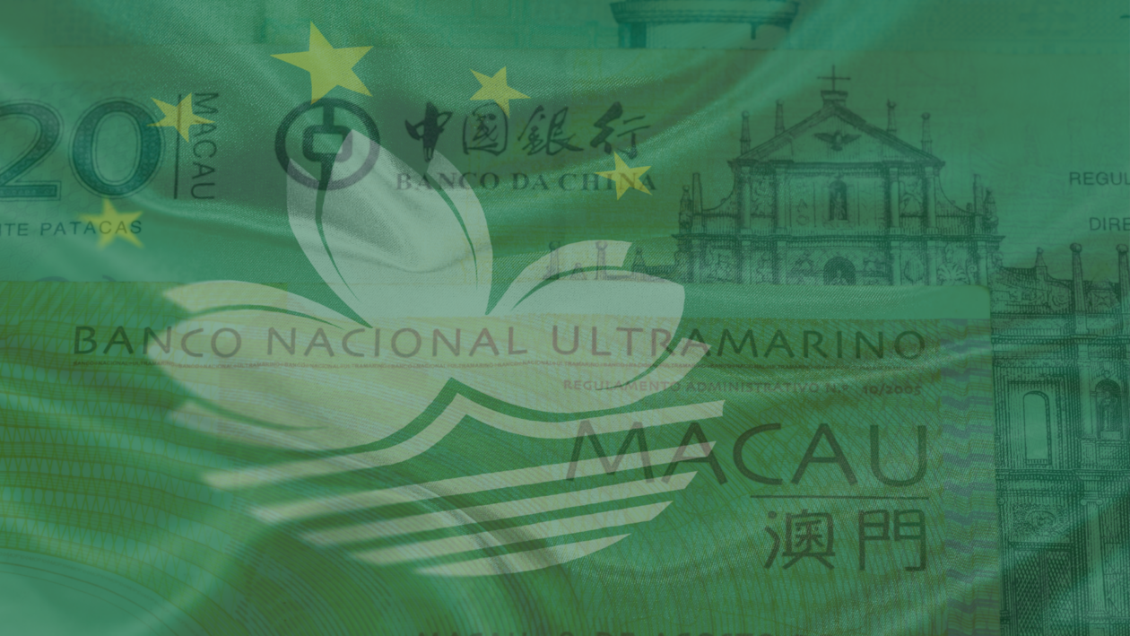 Macau flag layered above Chinese flag to represent deal in CBDC