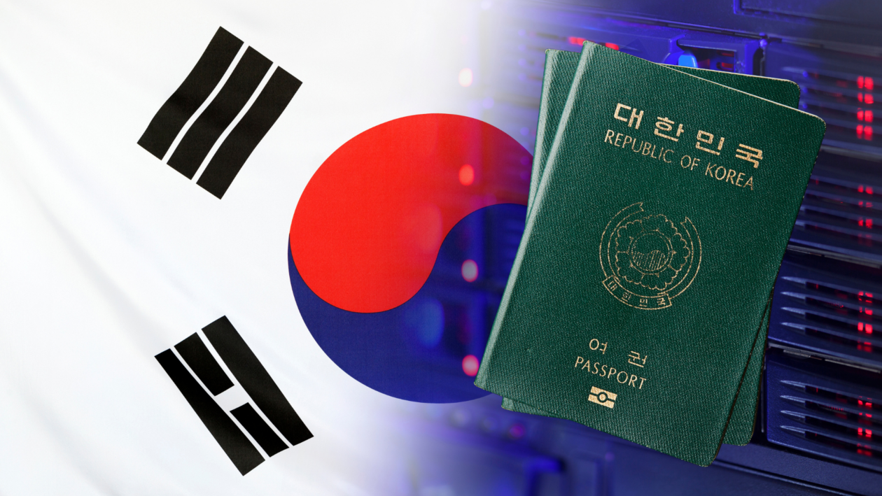 South Korean passport layered on top of a flag; government to introduce blockchain-based digital passports. 