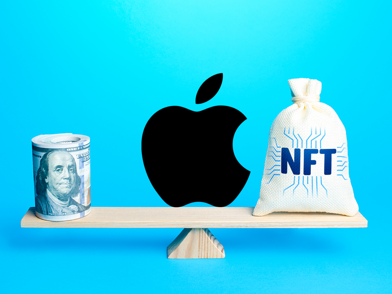 Apple logo and a seesaw with u.s. dollars on one hand, a bag labelled NFTs on the other | Apple will not allow NFTs used to unlock in-app features | apple nft, apple nft fee