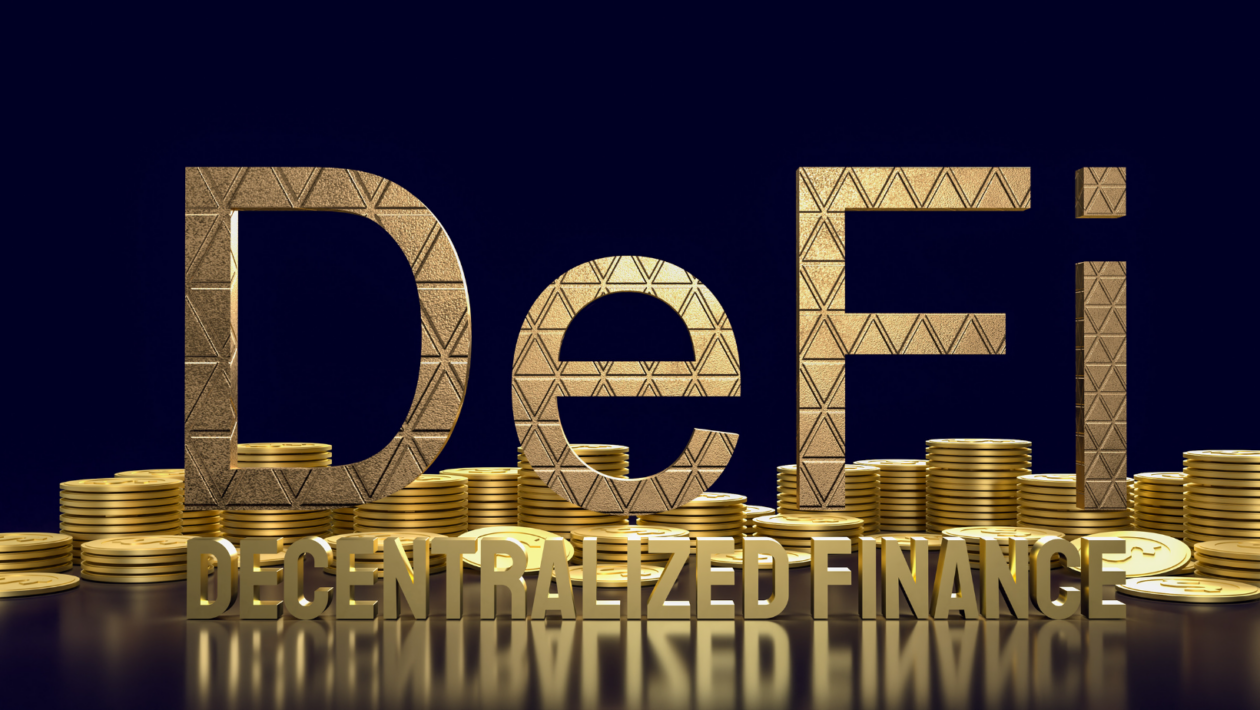 DeFi word and gold coins