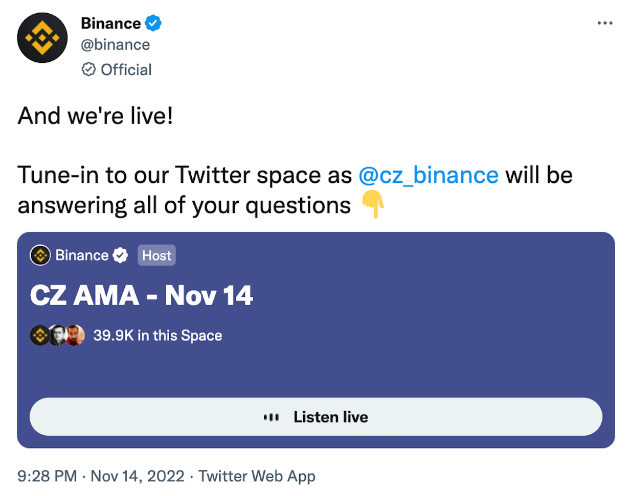 Changpeng Zhao, founder and CEO of Binance, spoke on Monday at an AMA on Tiwtter.