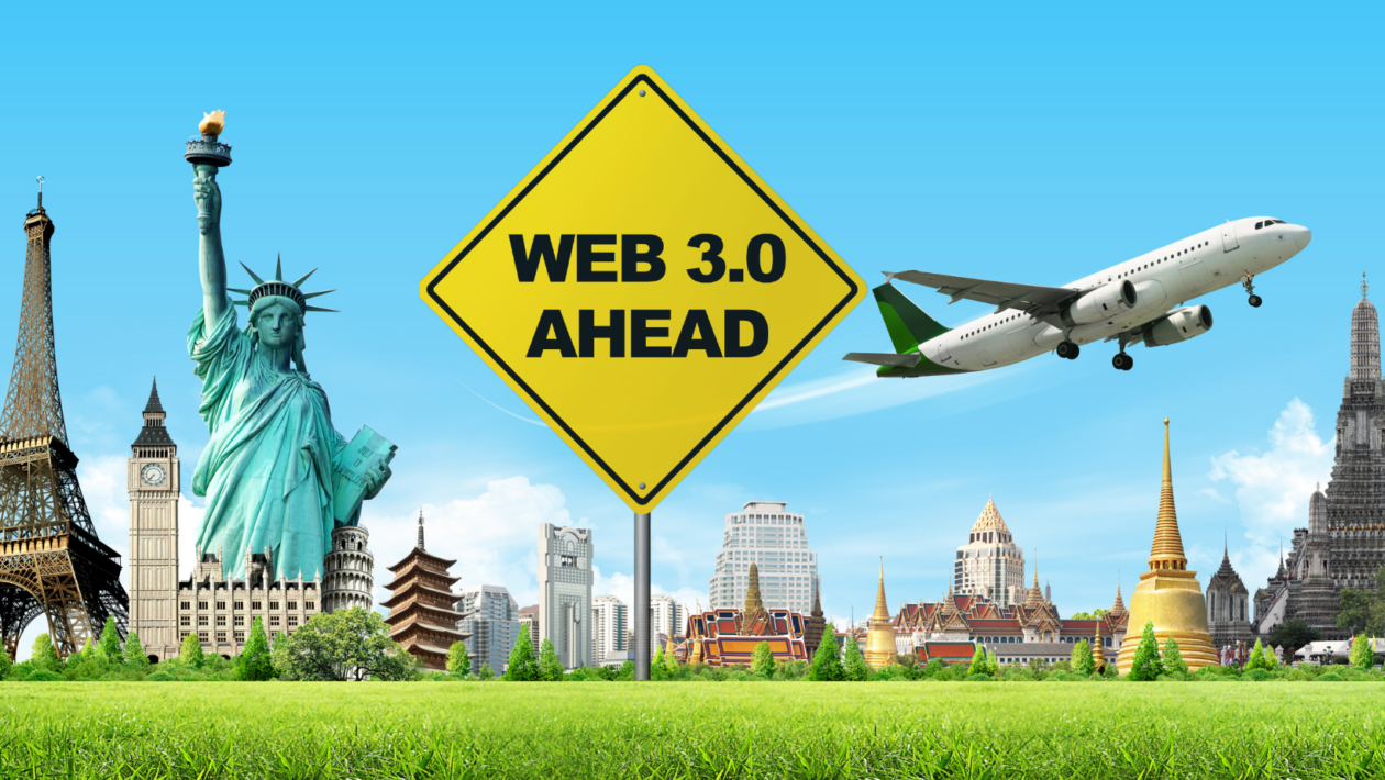 some famous landmarks and travel destinations around the world with a Web 3.0 ahead road warning sign