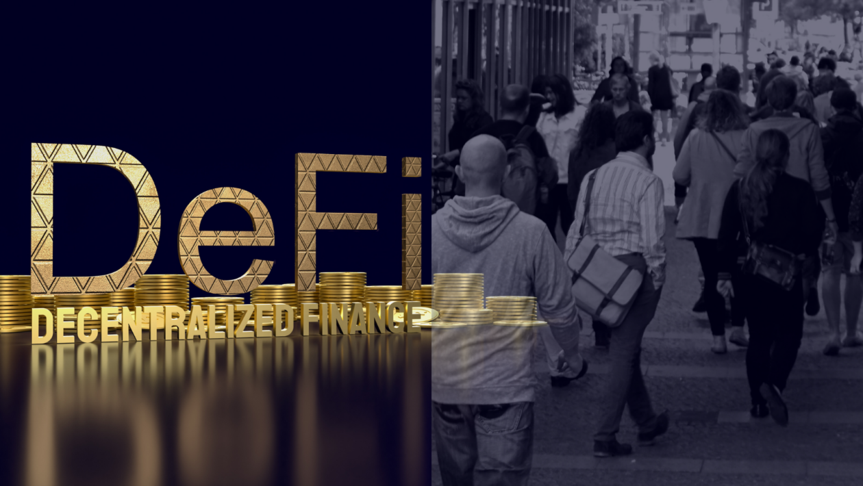 Word DeFi in gold and gold crypto coins, grayscale photo of people walking