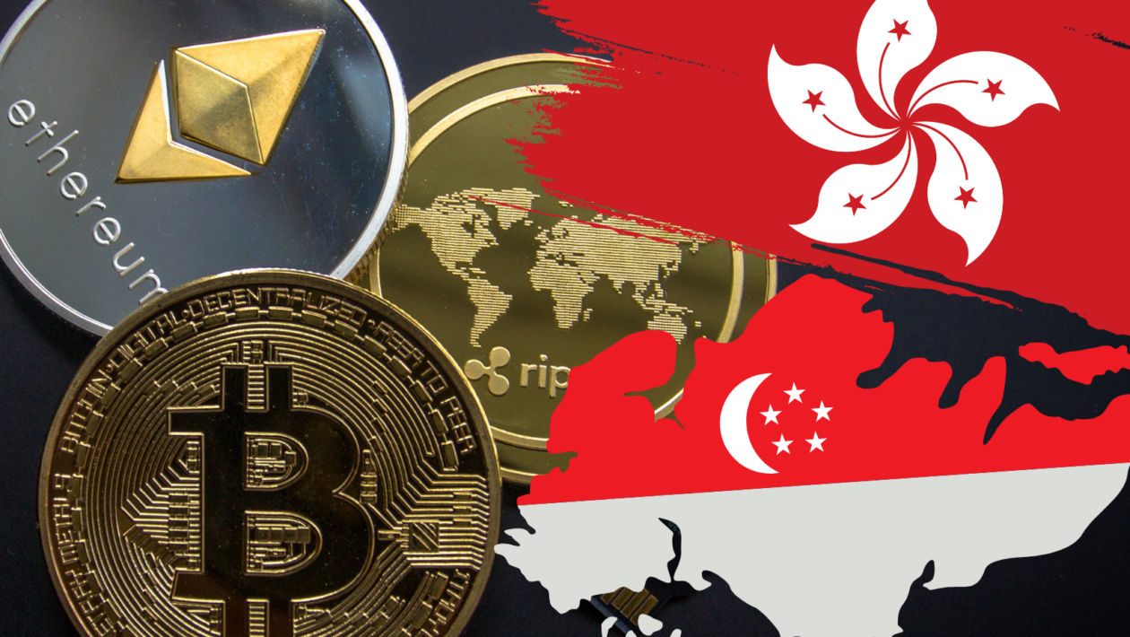 Ripple, Bitcoin, and Ethereum coins with Hong Kong and Singapore flags
