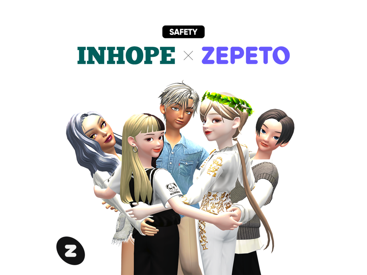 zepeto x inhope partnership graphic with zepeto avatars hugging eachother | Asia’s largest metaverse Zepeto targets sex abuse, exploitation | metaverse, zepeto, naver z