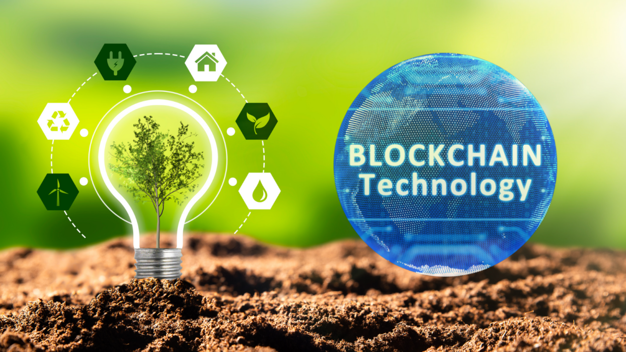 plants growing on a light bulb showing renewable energy sources concept and a globe with words "blockchain technology"
